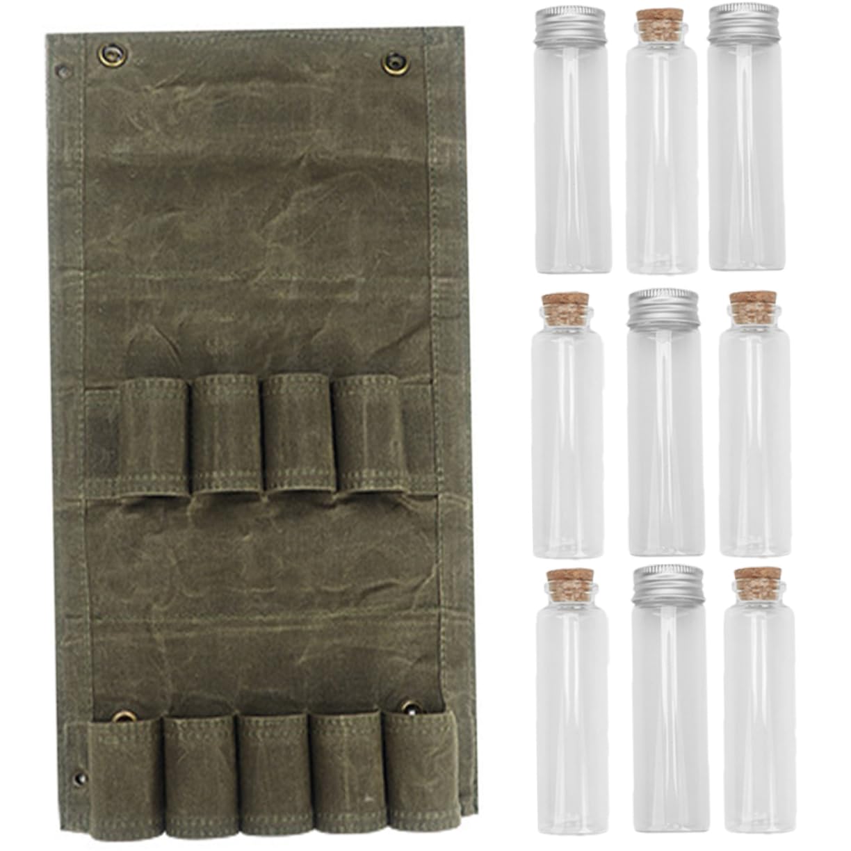 TOPBATHY Set di Contenitori per Spezie da Viaggio 9 Pezzi in Vetro | Custodia in Tela, per Campeggio e Ristorante, Pratico Set Multiuso, Contenitori Riutilizzabili