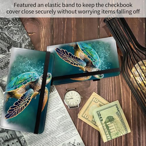 Image of FUYOCWE Checkbook Covers for Personal Checkbook,Leather Checkbook Cover for Business /Personal Checks,RFID Blocking Check Book Cover Holder Wallets for Men Women-Green Sea Turtle