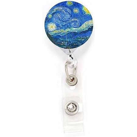 Buttonsmith Van Gogh Starry Night Tinker Reel Retractable Badge Reel - with Belt Clip and Extra-Long 36 inch Standard Duty Cord - Made in The USA