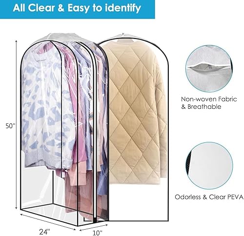 Miniatura 10 de Perchas transparentes de 60 pulgadas con cremallera lateral lisa, bolsas impermeables con refuerzo de 10 pulgadas para camisas, abrigos, vestidos,
