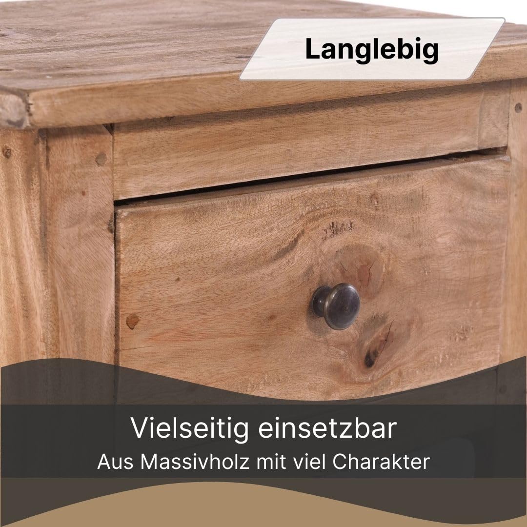 DESIGN DELIGHTS TELEFONTISCH Tower | 70x38x28cm (HxBxT), Holz Flurtisch Recyclingholz, mit 2 Rattan Körben und Schublade | Beistelltisch, Flurtisch