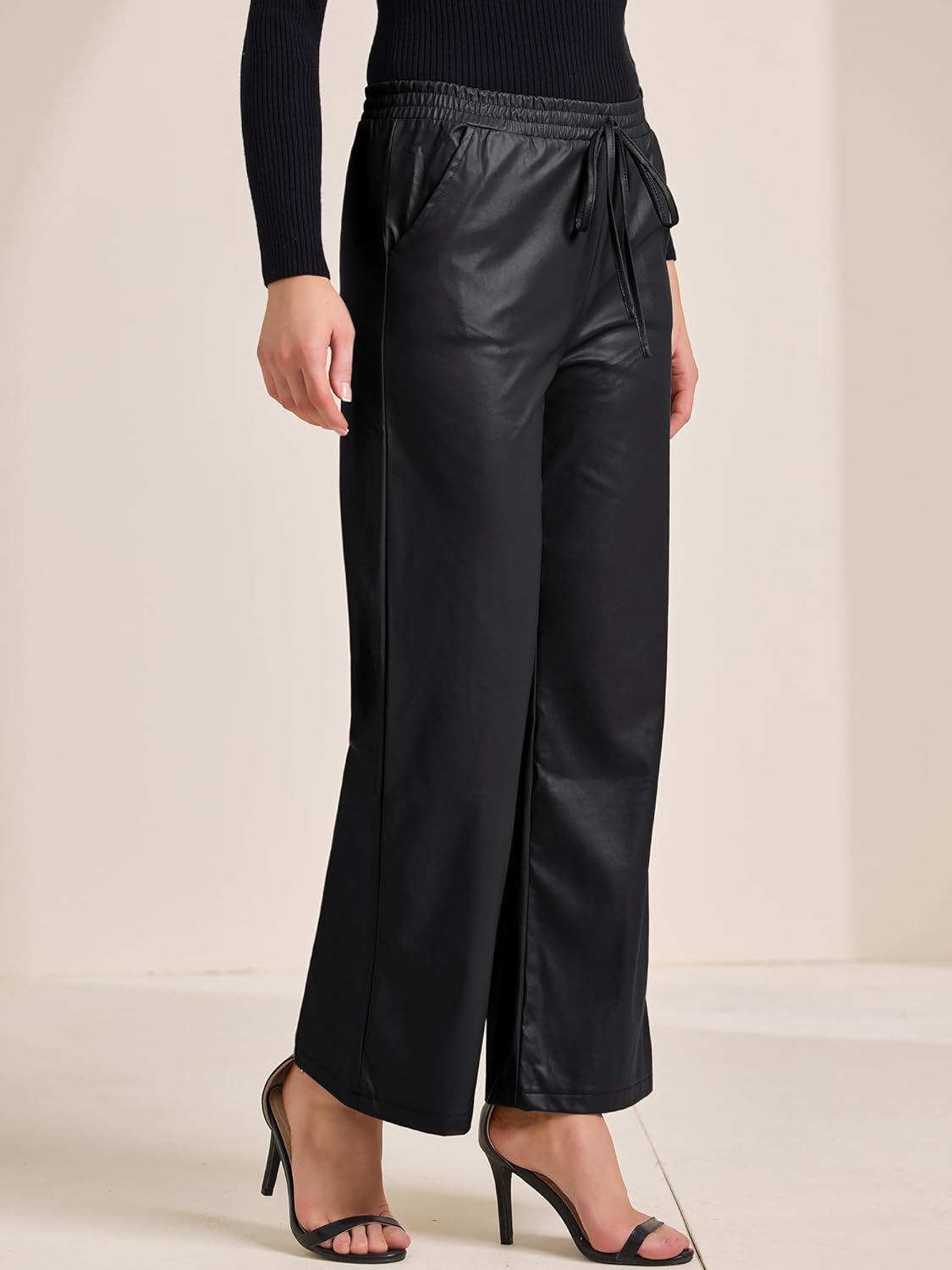 Allegra K Women's Faux Leather Pants High Waist Straight Leg PU Trousers Pant with Pockets - Image 3