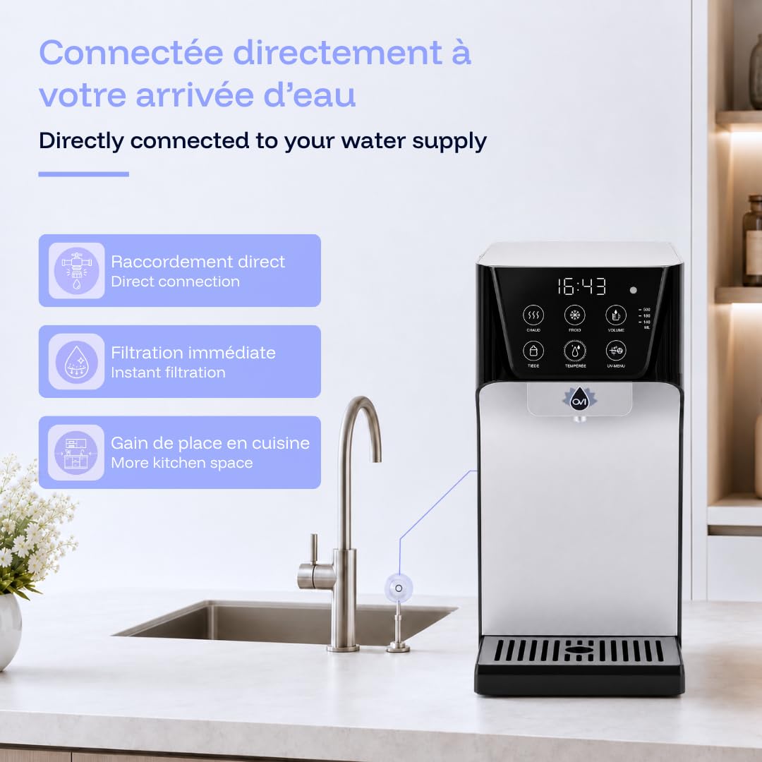 OVI I Distributeur d’Eau Chaude, Froide & Tempérée Instantané | Fontaine à Eau Filtrée 4 Étapes Anti-Bactéries & PFAS | Connexion Directe | Idéal Famille & Bébé | Noir