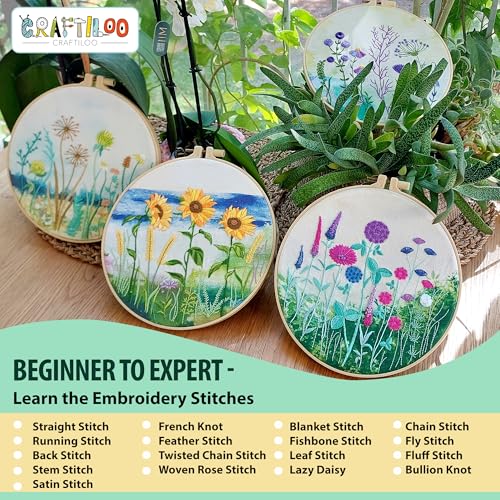 Image of CRAFTILOO Embroidery Kit for Beginners Adults - 4 Floral Stamped Patterns, Learn 17 Stitches | Needlepoint Kit for Adults with Hoop, Needles, Thread & Video Tutorial | Hand Embroidery Kits for Women