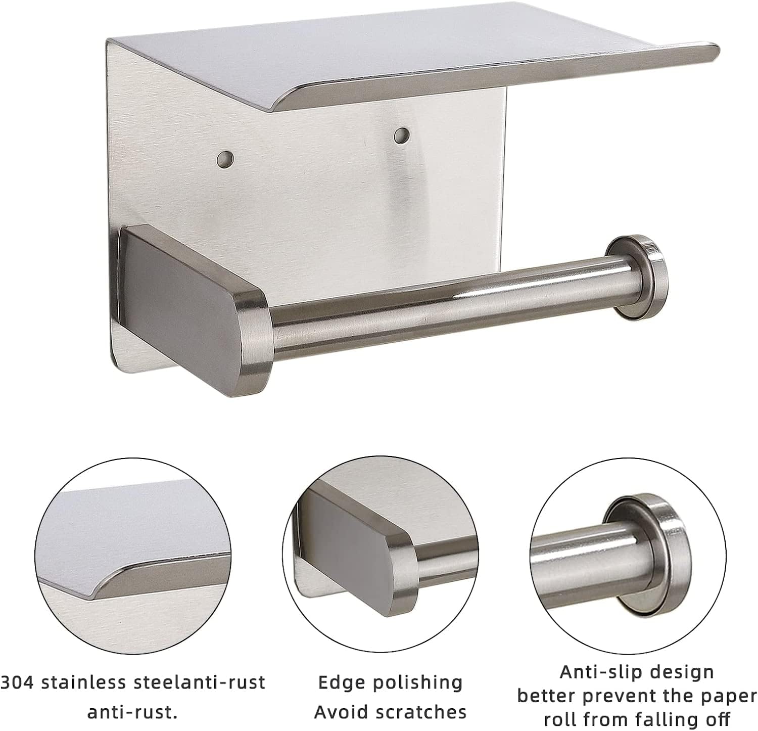 Adhesive Toilet Paper Holder with Phone Shelf Paper Tissue Holder Storage 304 Stainless Steel Wall Mounted Toilet Roll Holder Dispenser,Paper Holder with Shelf Bathroom Organizer(Brushed Nickel)