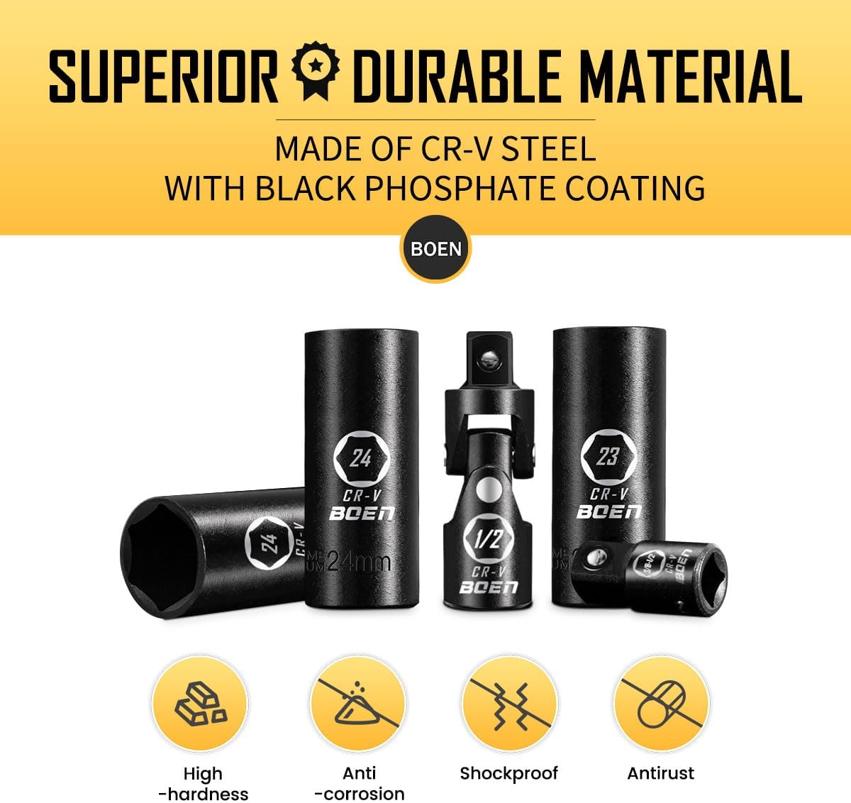 BOEN 1/2" Drive Metric Deep Impact Socket Set, 20 Piece Cr-V Steel Metric Socket Set 10mm-24mm, Includes Extension Bars, Universal Joint and Adapter, 6 Point Design, Meets ANSI Standards