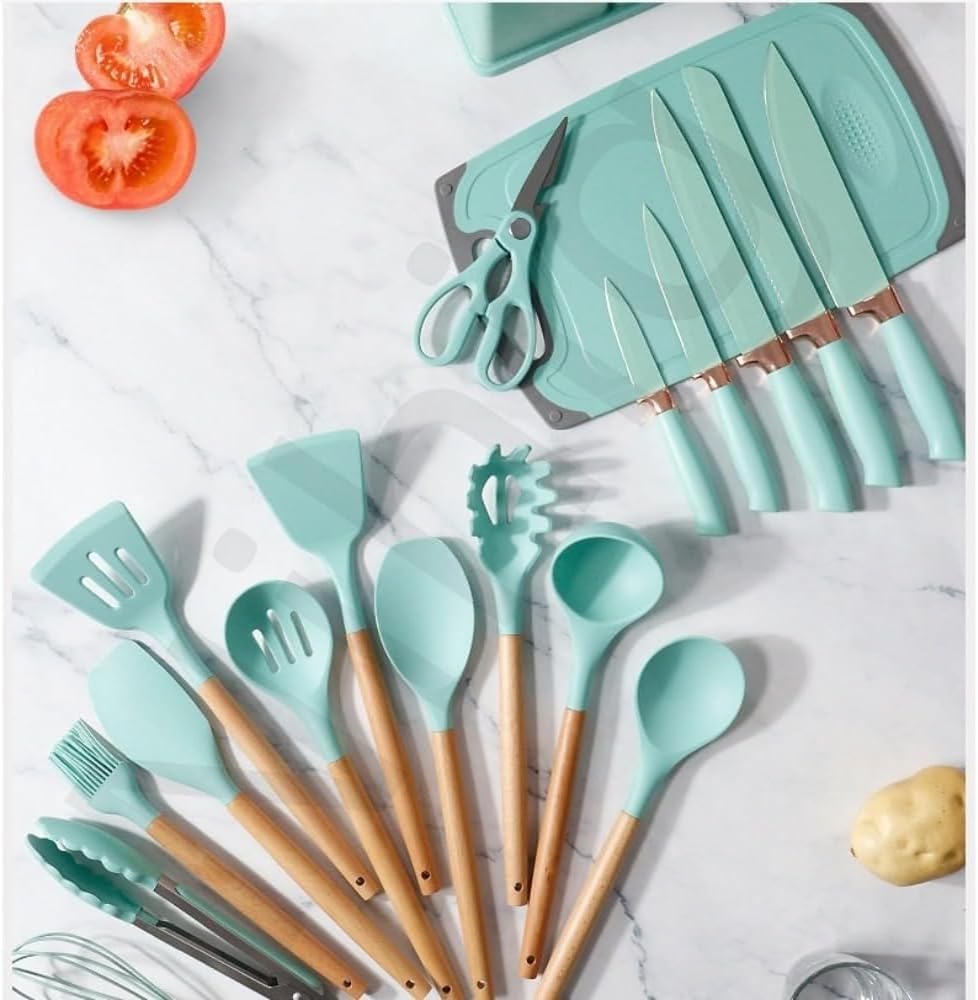 Ohget シリコンキッチン用品 19点セット こびりつきにくい調理用ヘラ 収納付き バケットナイフ付き コンビネーションキッチンツ