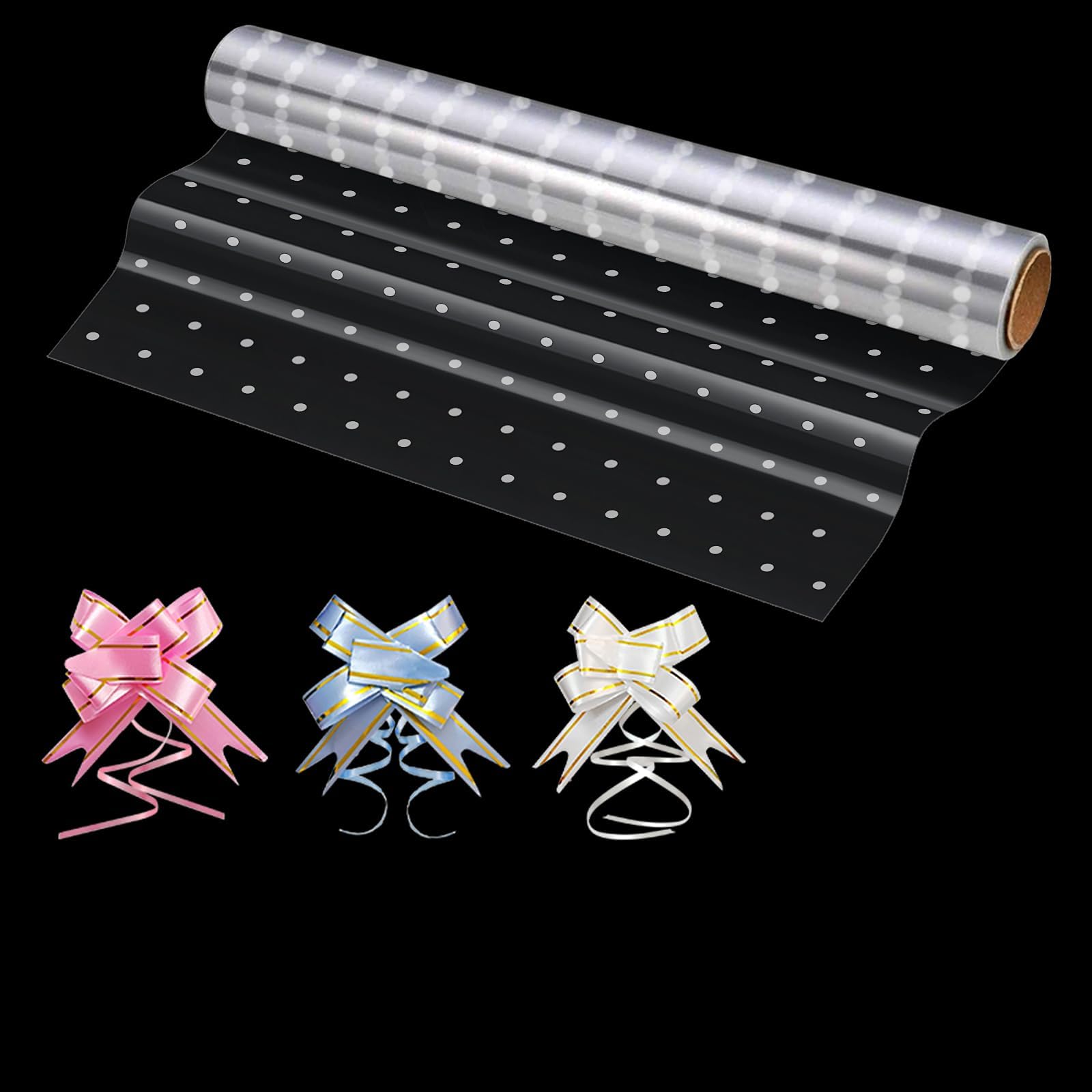 Cellophane Wrap Roll, PYGHAP Clear Cellophane Wrap for Hampers with Pull Bows, Ribbons & Scissor, for Christmas, Easter, Birthday Gift, Valentine's Day Flowers, 40CM x 30M (White Dots)