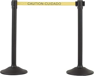 US Weight Black Plastic Stanchion for Crowd Control with 6.5' Retractable Caution Barrier Belt with Tool-Free Assembly and Universal Belt Ends that Fit Most Brands - Pack of 2 - Made in the USA