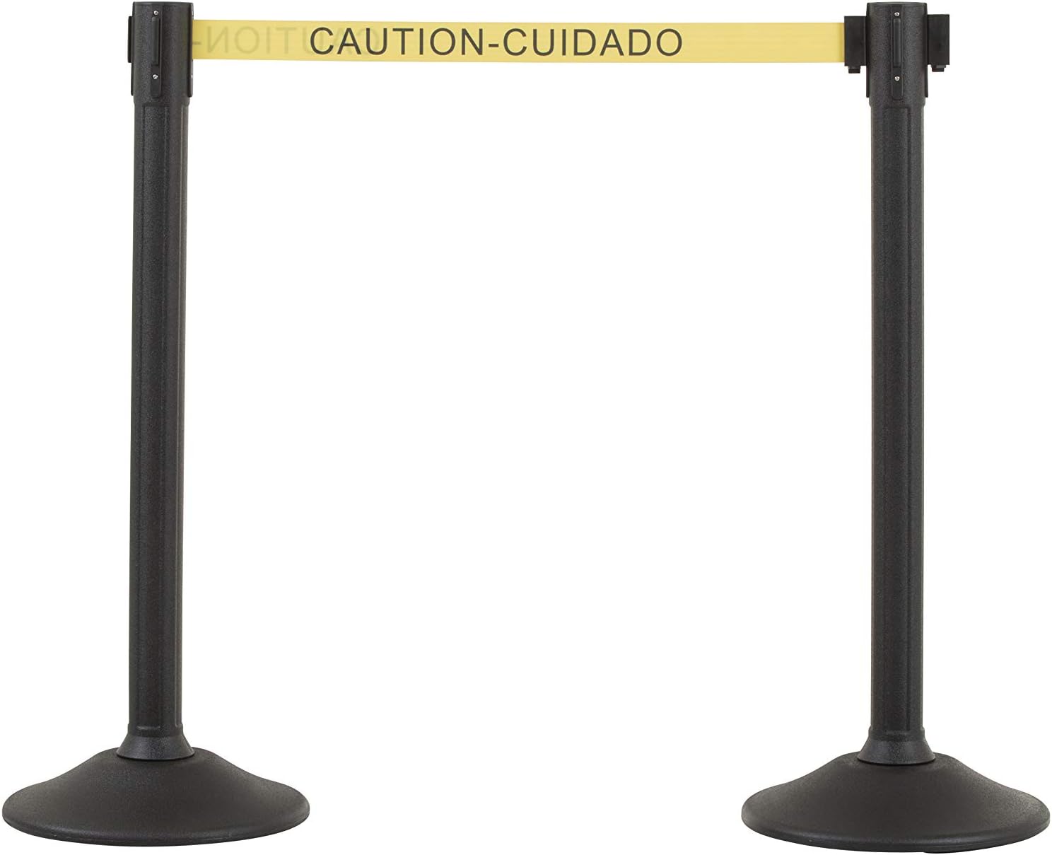 US Weight Black Plastic Stanchion for Crowd Control with 6.5' Retractable Caution Barrier Belt with Tool-Free Assembly and Universal Belt Ends that Fit Most Brands - Pack of 2 - Made in the USA