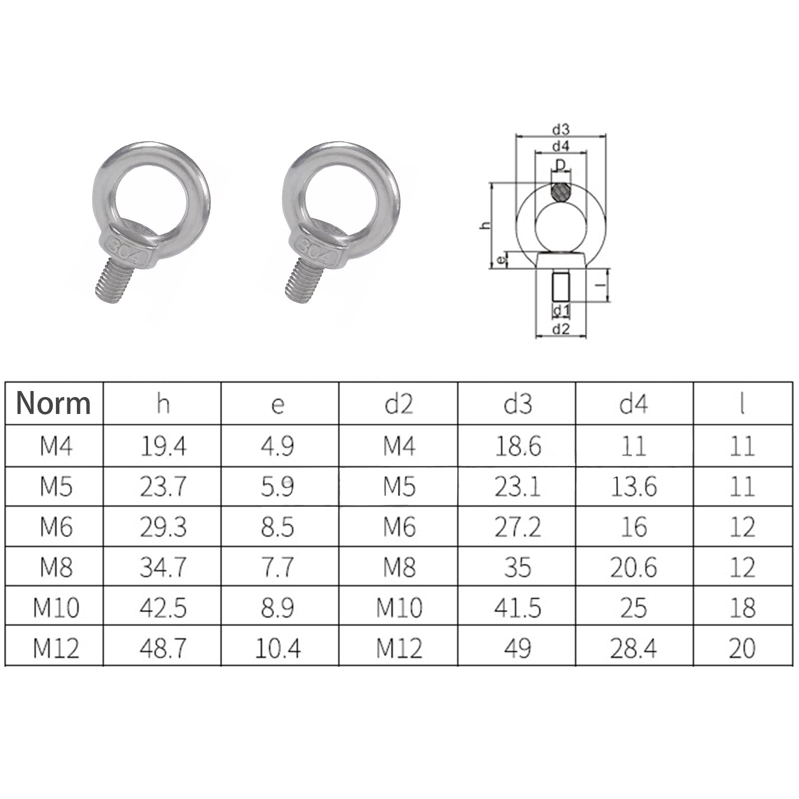M12 Lifting Eye Bolts, Stainless Steel Ring Eye Male Fastener Hardware Nut, 5 Pcs - Image 2