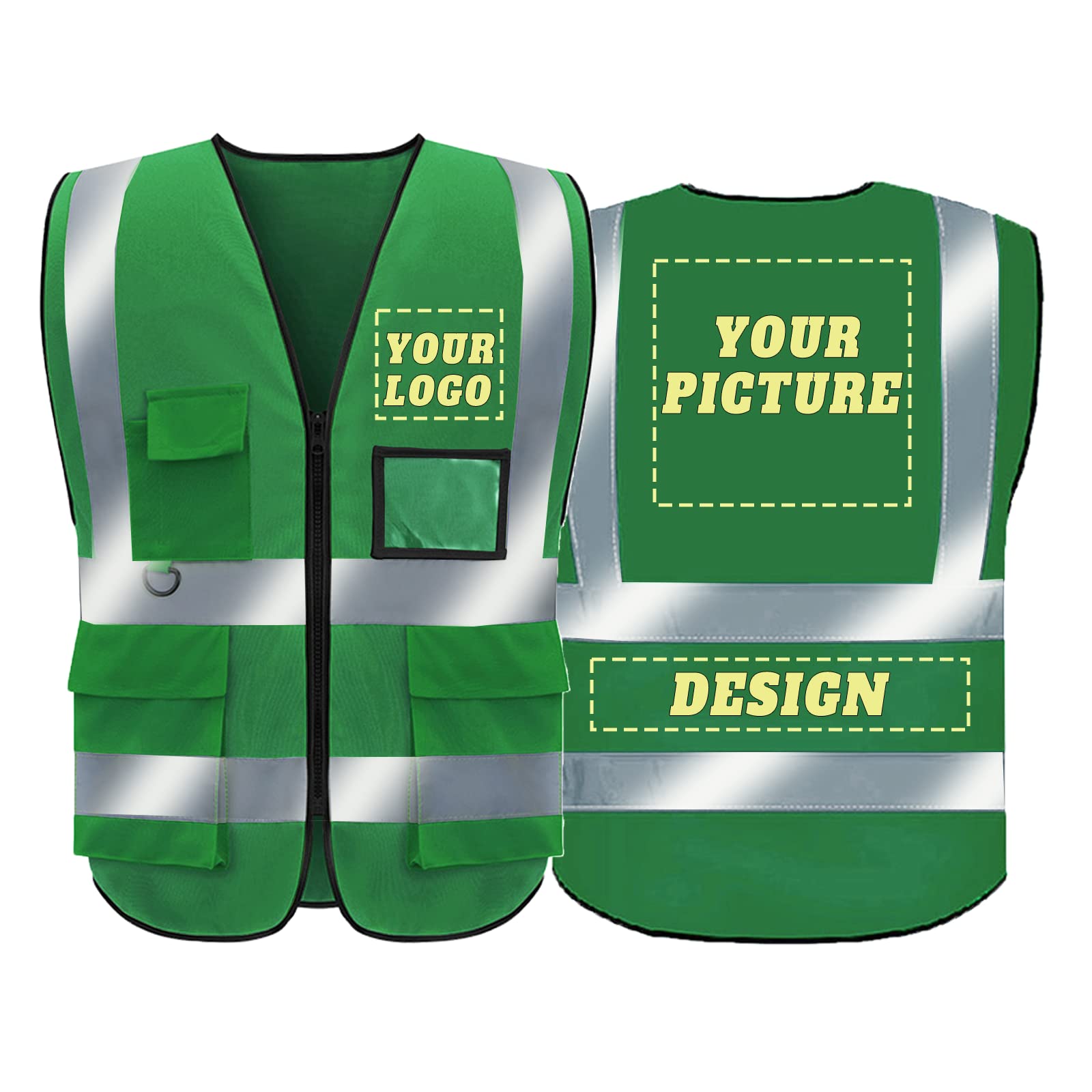 Safety Vest Custom Logo Class 2 Hi Vis Reflective Vest High Visibility Vest Construction security Work Vest for men/women with 5 Pockets /1 Pack (Green, XL)