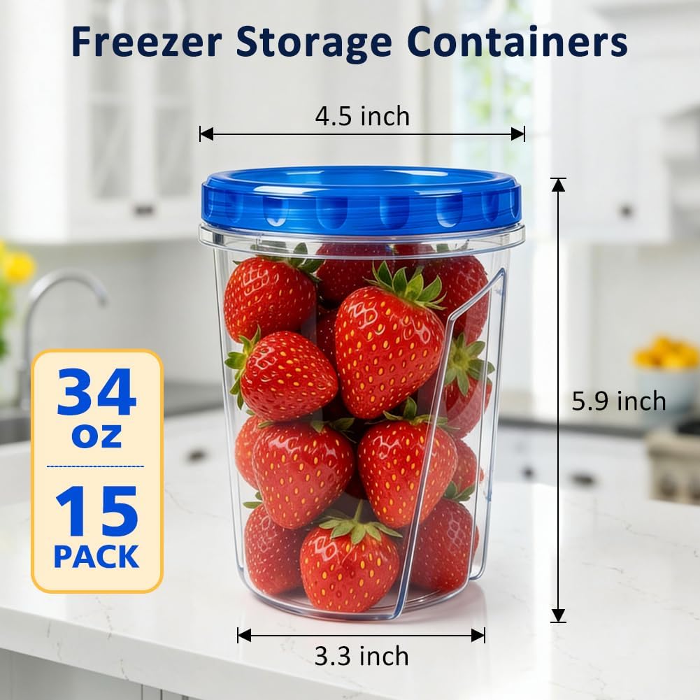 15 Pack 34oz Reusable Freezer Storage Containers with Twist Top Lids Airtight, Clear Plastic Soup Freezer Containers, Quart Food Storage Containers with Lids for Meal Prep Leftover Lunch Salad Fruit - Image 2