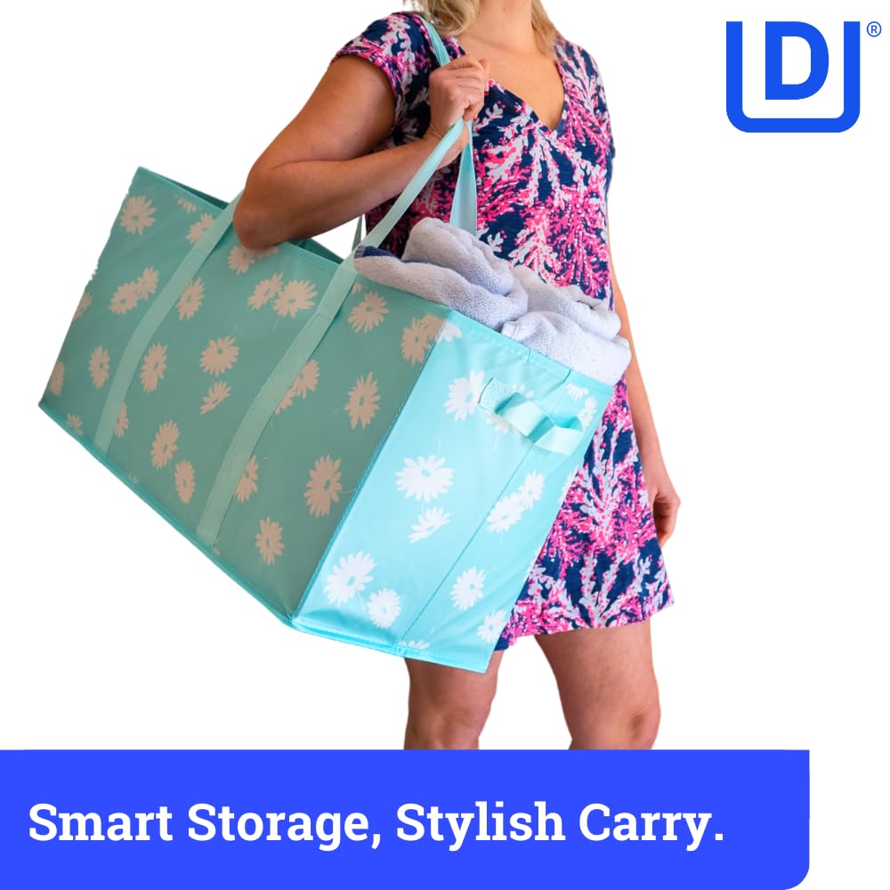 DURASACK Large Grocery Tote Bag 3-Pack All-Purpose Collapsible Tote Bags with Handles Kitchen Reusable Grocery Bags, Blue Daisies