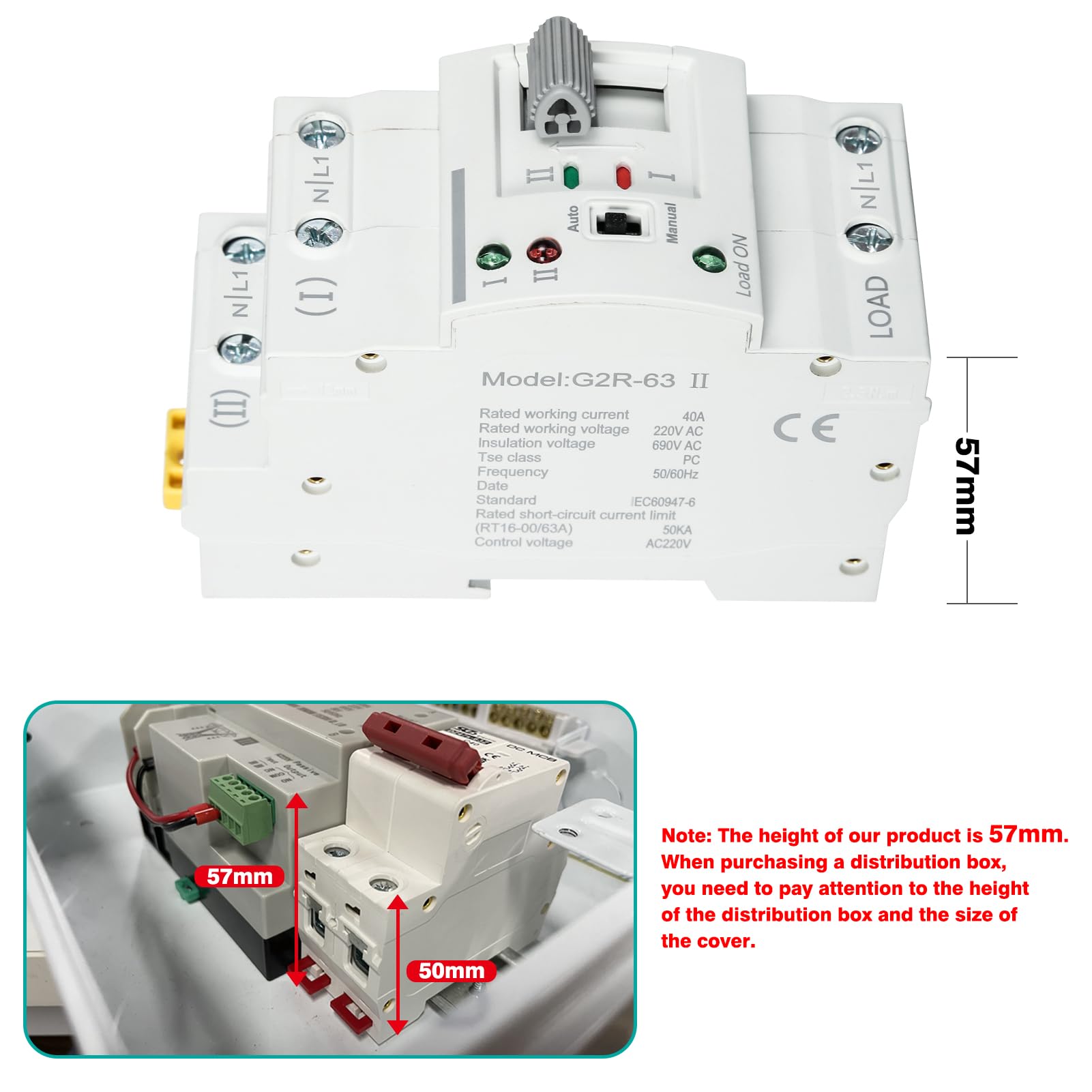 Jadeshay Commutateur de Transfert Automatique G2R ATS Inverseur de Source Automatique 63A 2P Sélecteurs électriques 220V