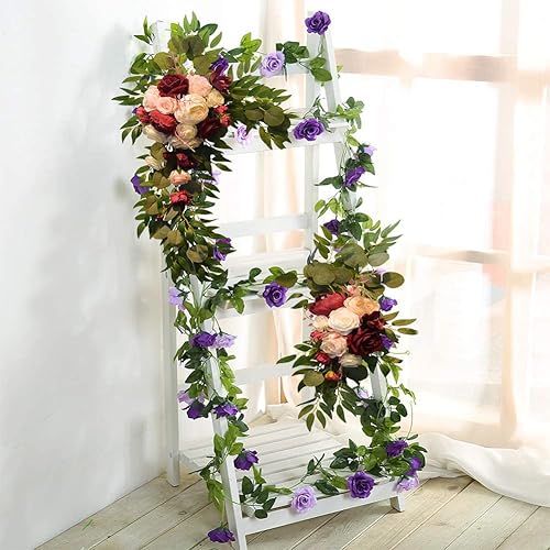 Miniatura 6 de Firlar Kit de flores artificiales para arco de boda, 2 guirnaldas florales decorativas con rosa roja, peonía rosa y hojas de eucalipto, guirnalda de