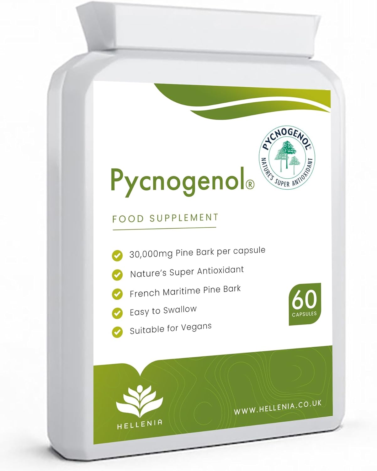Pycnogenol® French Maritime Pine Bark Extract – 60 Capsules | Providing Naturally Powerful Bioflavonoids | High Bioavailability Pycnogenol | Suitable for Vegans – Made in The UK by Hellenia