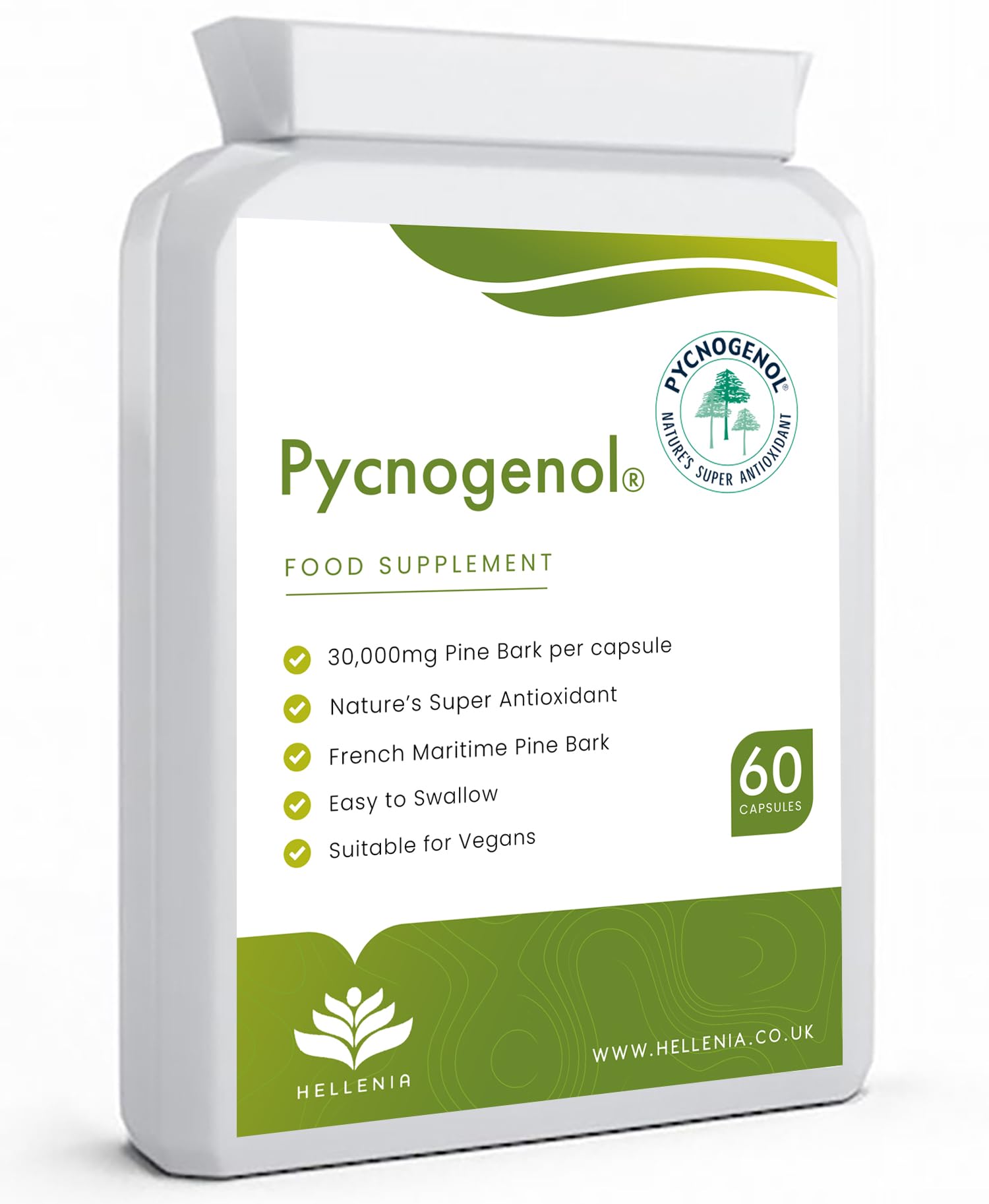 Pycnogenol® French Maritime Pine Bark Extract - 60 Capsules | Providing Naturally Powerful Bioflavonoids | High Bioavailability Pycnogenol | Suitable for Vegans - Made in The UK by Hellenia