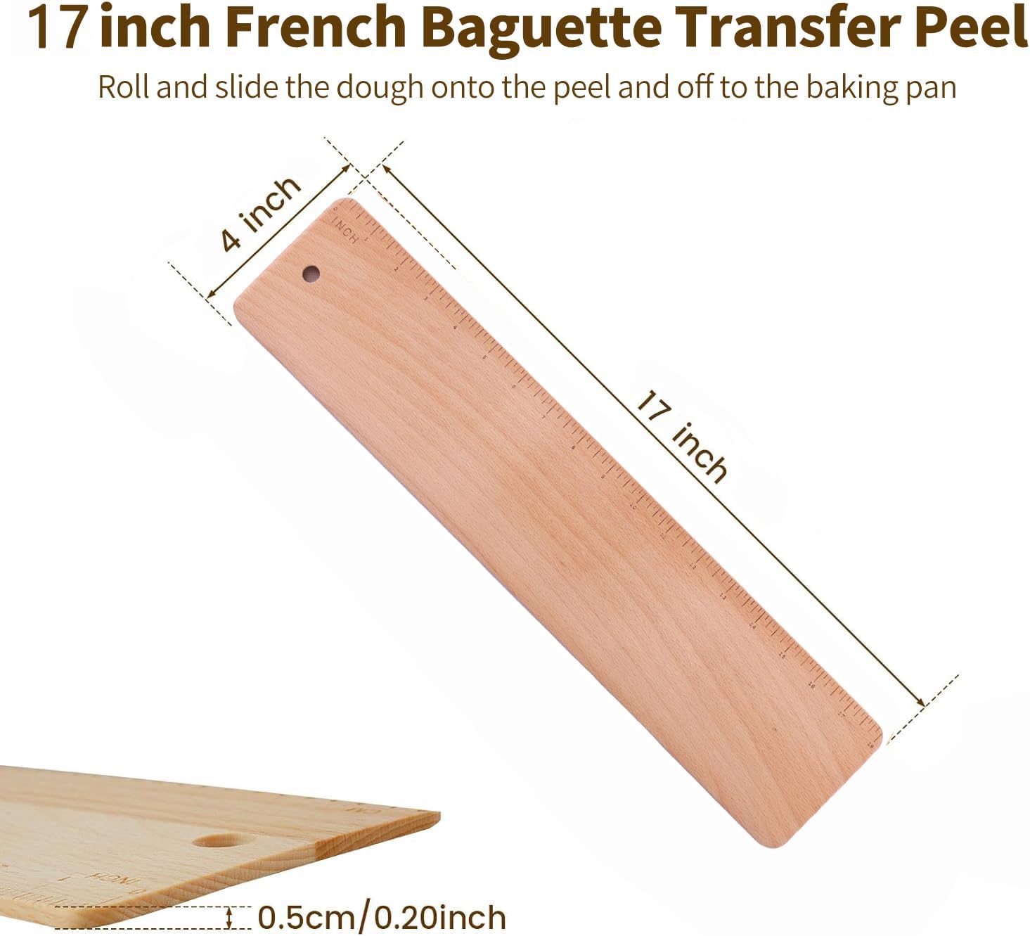 Baguette Transfer Peel, 17 Inch Long, Flipping Board for Baking of French Baguette Bread, Loaves and Ciabatta, Keep Dough in Shape, Made with Food-Grade Premium Beech Wood