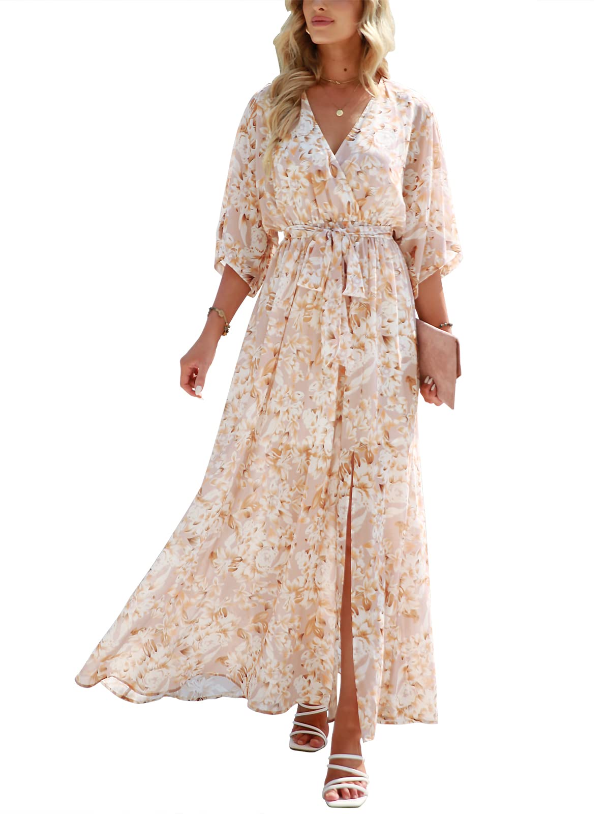 Photo 1 of !!SIMALR TP PHOTO NOT EXACTR!!!!!!!ANRABESS Womens 1/2 Sleeve Beach Wedding Guest Maxi Dresses 2025 Fall Wrap V Neck Boho Floral Flowy Slit Long Summer Dresses Floral Yellow White Small
