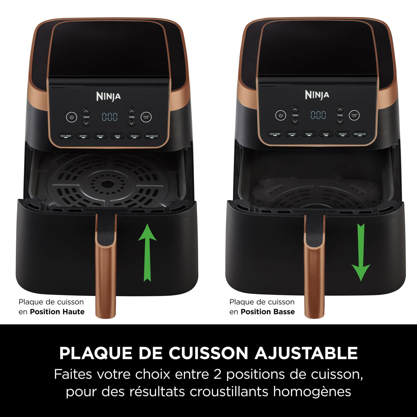 Ninja Air Fryer MAX PRO, 6,2 L, Grand tiroir, rôtir, cuire au four, frire sans huile, familial, antiadhésif, panier/plaque croustillante compatibles lave-vaisselle, pinces, noir/cuivre, AF180EUCP