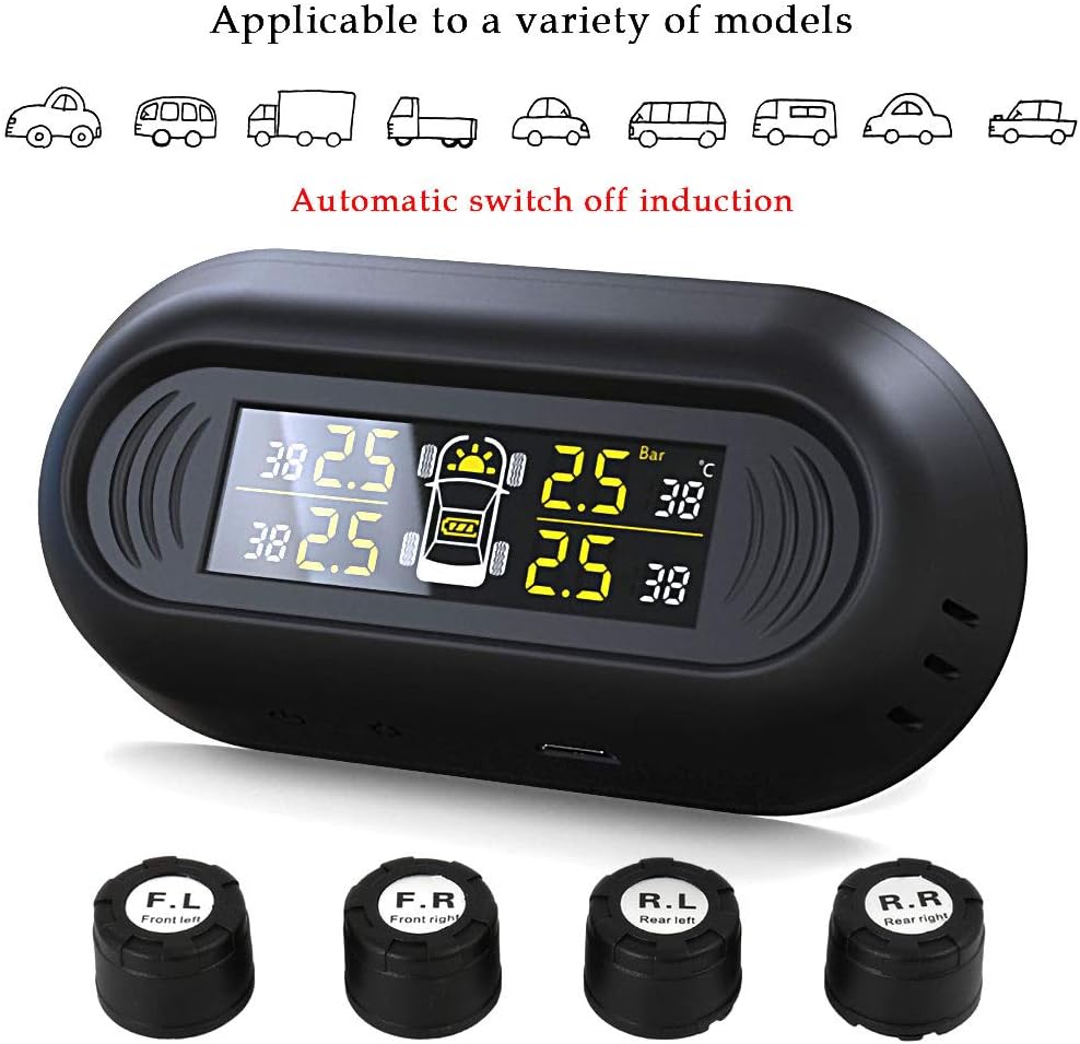 catmallout TPMS Car Tire Pressure Monitoring System Wireless Solar Powered Installed on Window Pane with 4 External Sensors LCD Real-Time Display for Cars SUV Trucks MPV