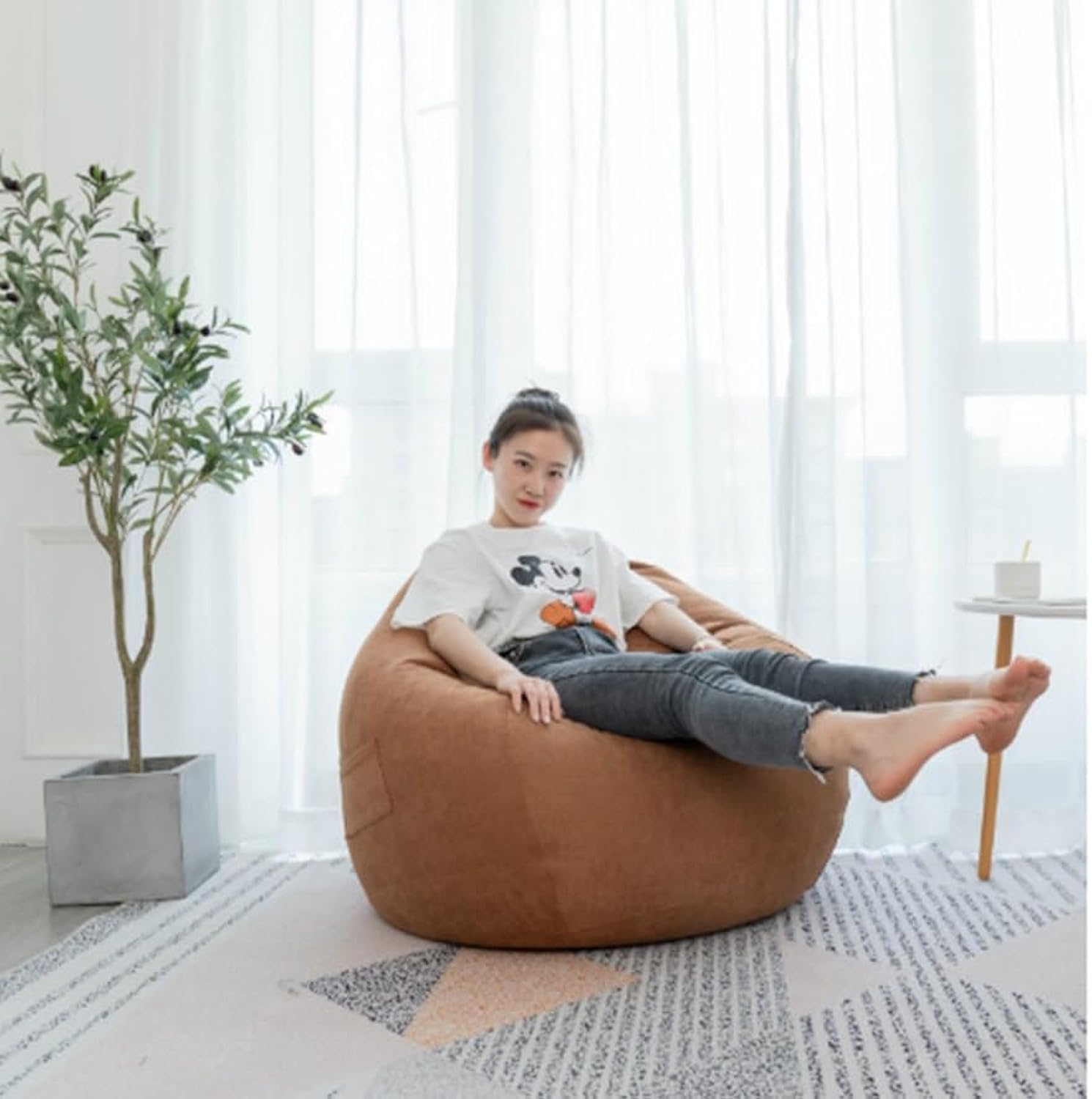DEEP SLEEP EVERY NIGHT Round Bean Bag Chair, Cotton Linen Cover, Polystyrene Bead Filling, Relaxation (Brown, Kids - Small)