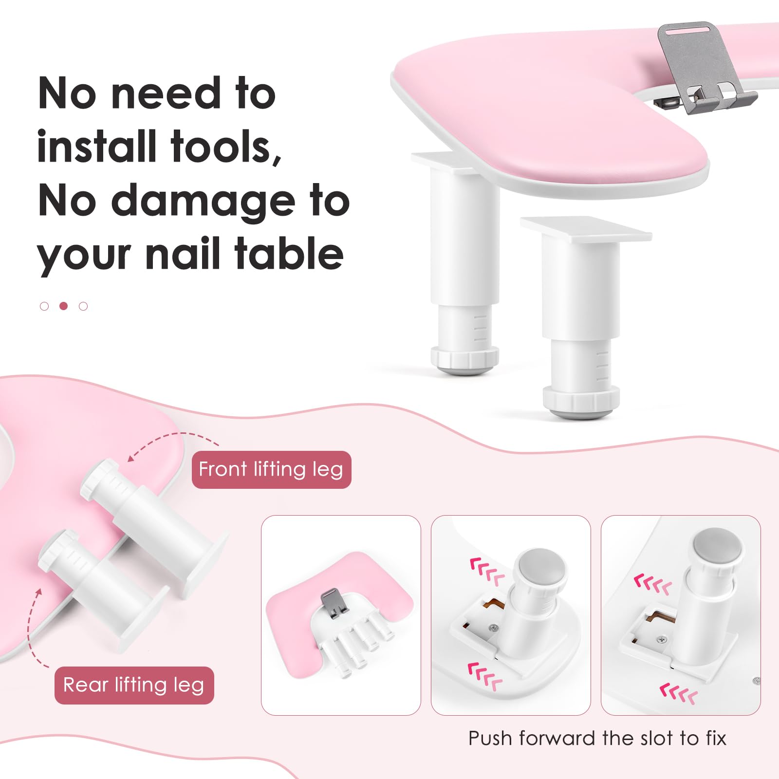 Reposabrazos para uñas para la mano: cojín de mano ajustable con altura y soporte para teléfono giratorio de 360° – Reposabrazos para uñas de cuero PU rosa para uso en salón de uñas y en casa
