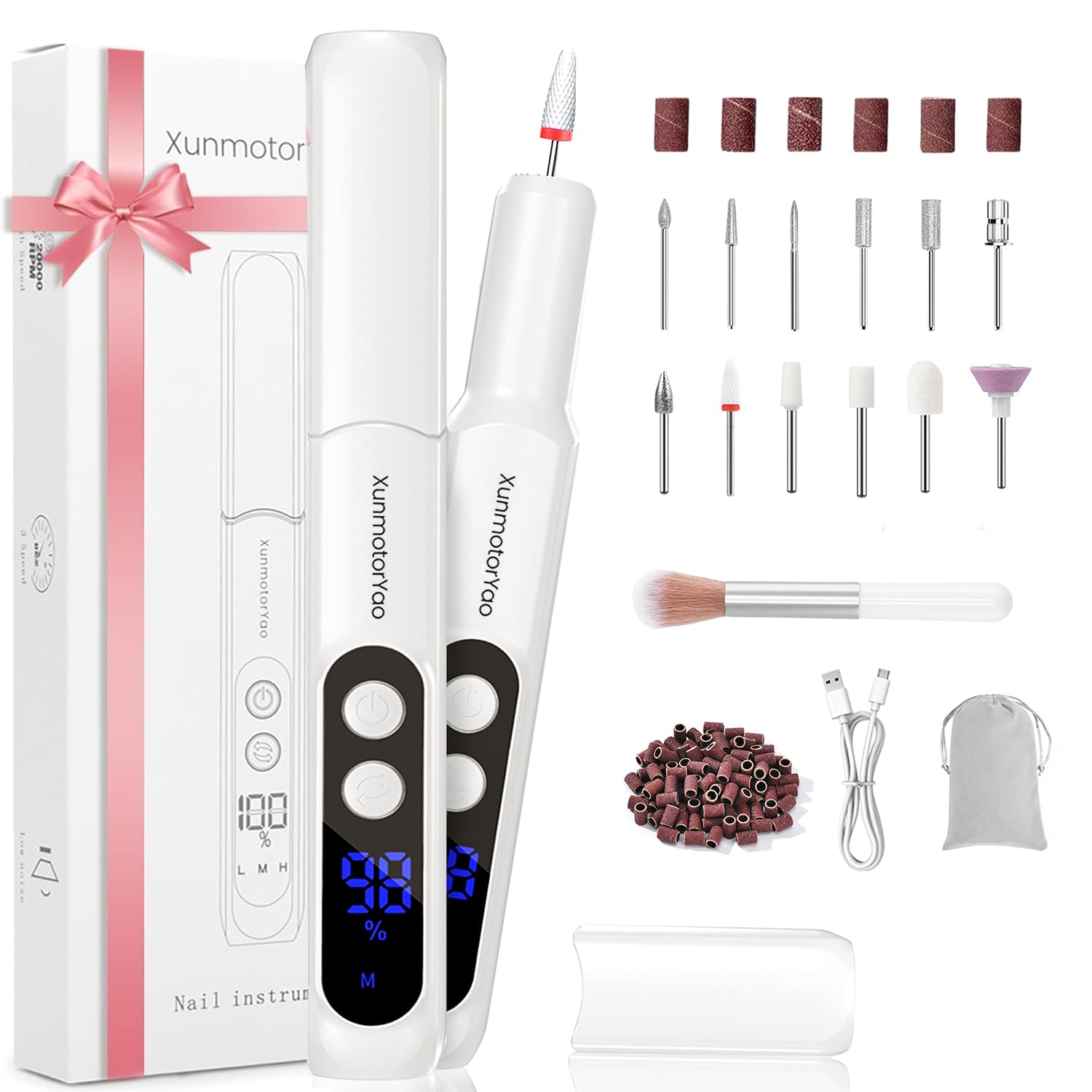 XunmotorYao Fresa per Unghie Professionale Intelligente Led Portatile Manicure e Pedicure Elettrico Unghie Portatile Fresa Trapano Chiodo per Casa e Salone Set,Bianco