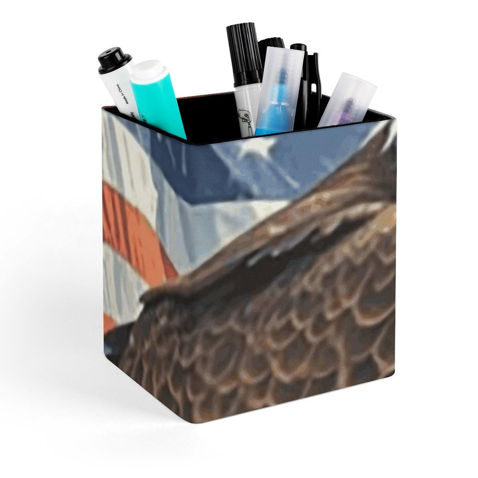 FekiLoot America Flag And Eagle Pencil Holder Square Leather Pen Holder Cup Modern Multi-Functional Pencil Cup Holder Decorative Desk Organizer Caddy Makeup Brush Holders for Desk Office