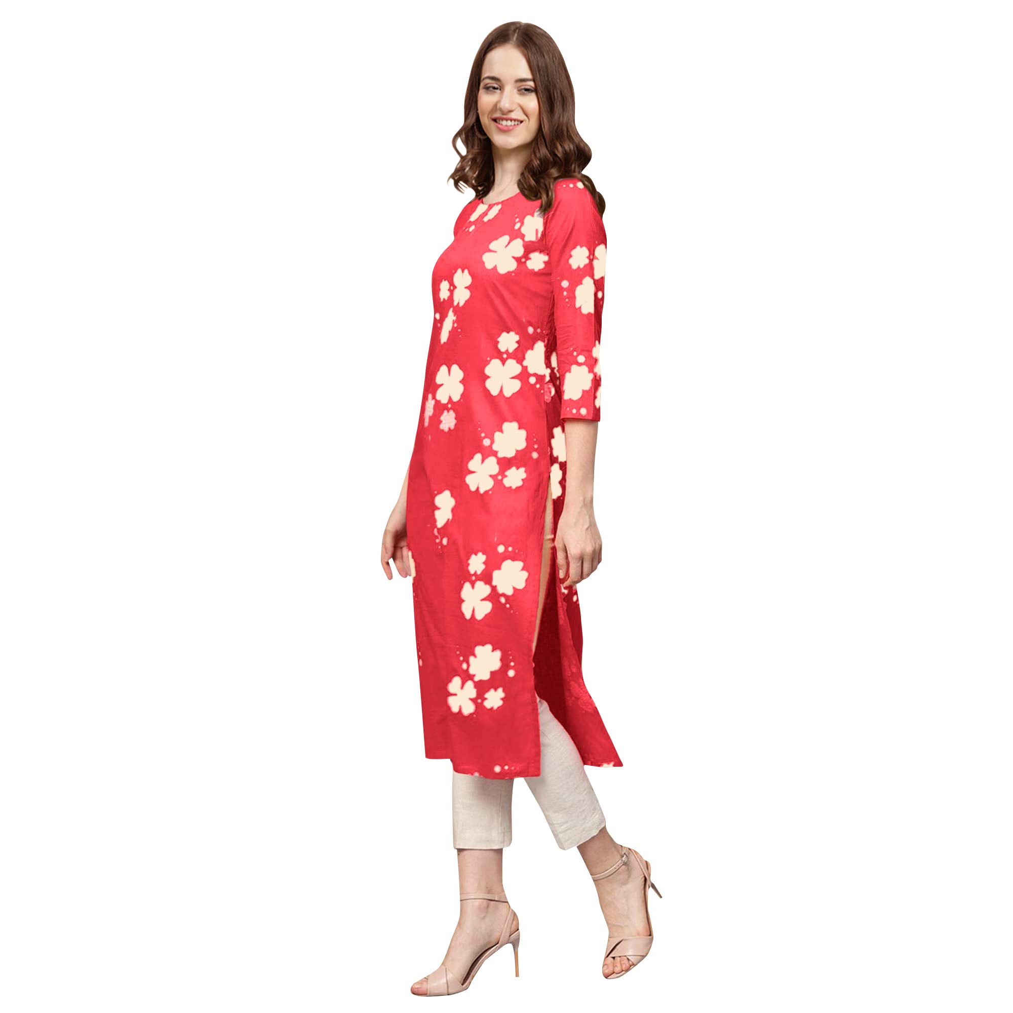 Pinkmint Women's Crepe Red Color Floral Printed Straight Kurti (530380-Xl)