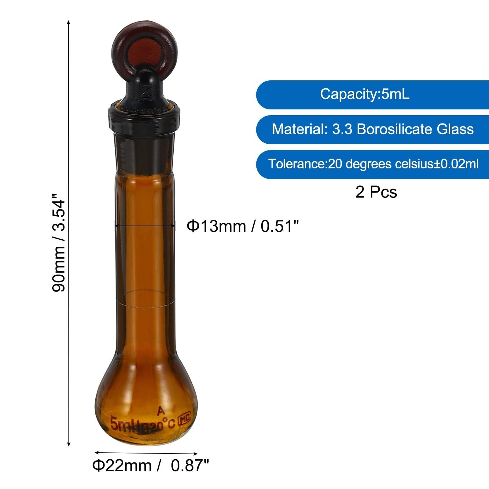 Matraz aforado 5ml, 2 Piezas Vidrio Borosilicato con Tapón de Vidrio, Alta Precisión para Experimentos de Laboratorio, Ámbar