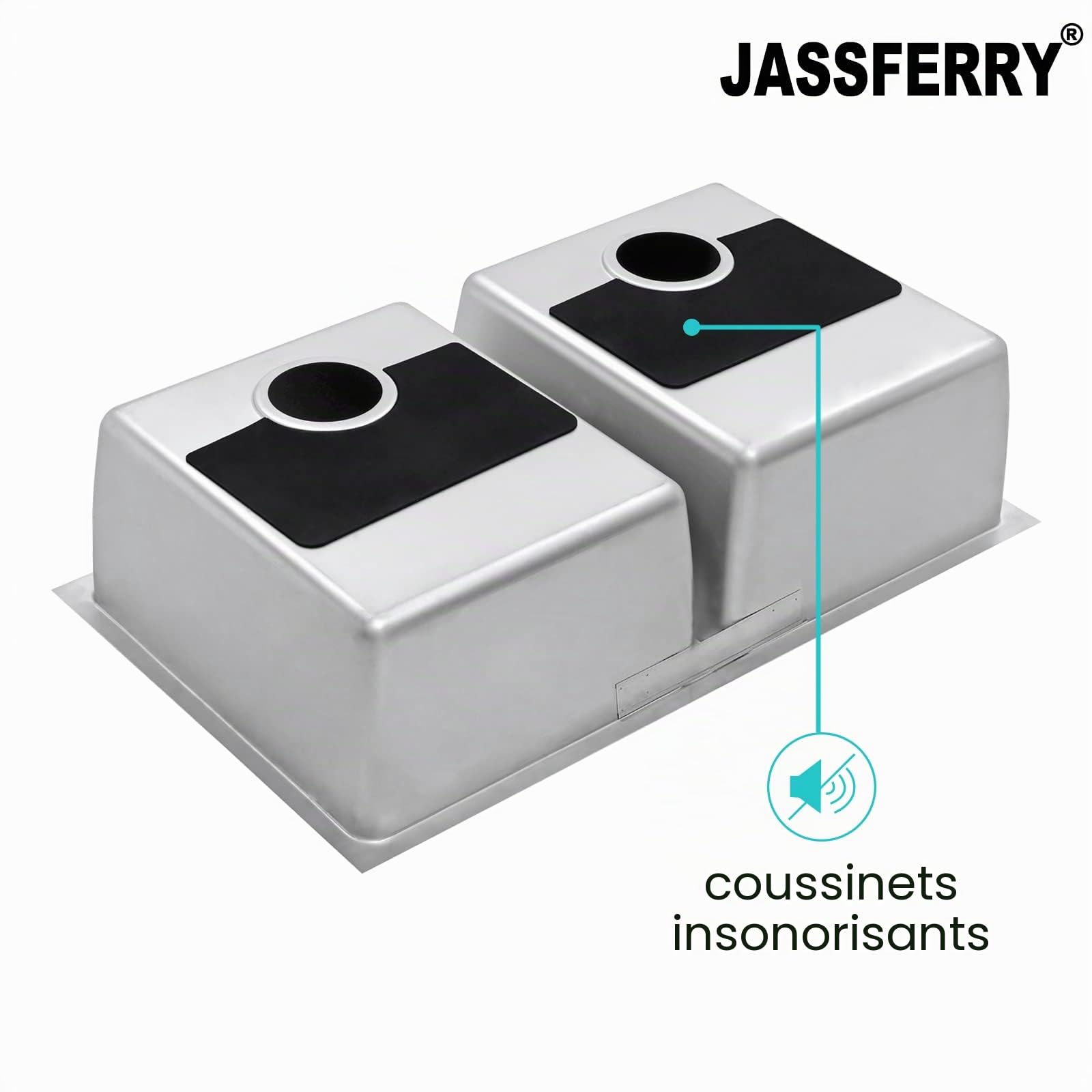 JASSFERRY Evier Cuisine 2 Bac 750 x 440mm, Acier Inoxydable 304 avec Trop-plein, Sous Plan