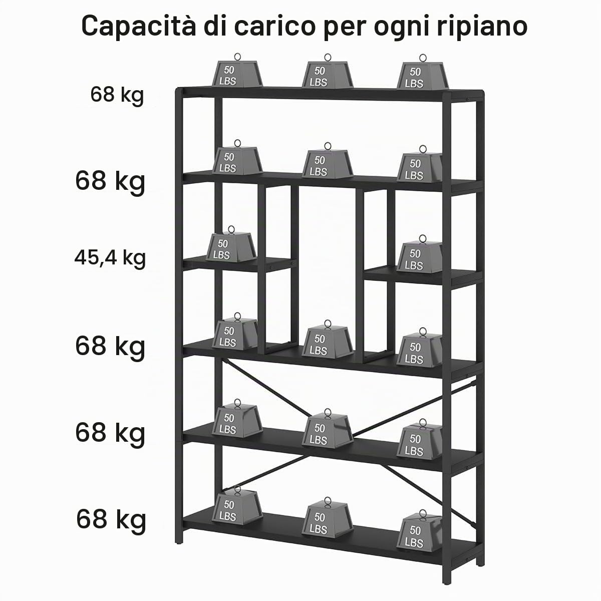 LVB Libreria a 6 Livelli, Scaffale da Soggiorno, Scaffale a Colonna, Libreria Industriale per Soggiorno, Camera da Letto, Cucina, 120 x 30 x 180 cm, Vintage Marrone Scuro