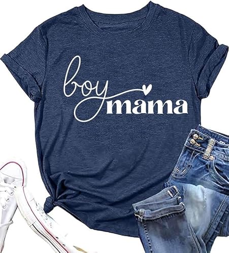 Mom Shirt for Women Boy Mama Letter Print Tshirt Casual Mother Graphic Top Short Sleeve Basic Tee