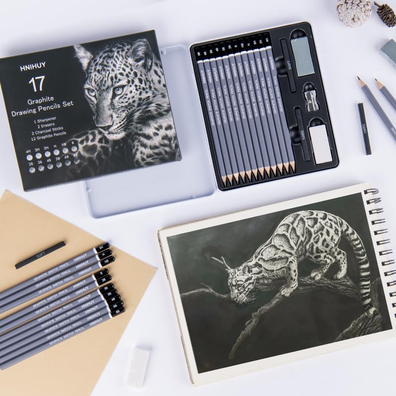 HNIHUY Professional Sketch Pencils Set, 17 Pcs, Graphite Pencils (8B-4H), Erasers and Sharpener, Art Drawing Pencil for Artists Beginner Sketching - Image 7