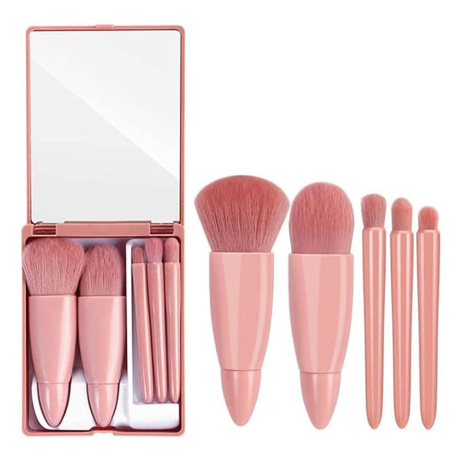 5Pcs Travel Makeup Brush Set Portable Makeup Brush Kit for Foundation Blushes Eyeshadow and Powder(Case with Mirror)