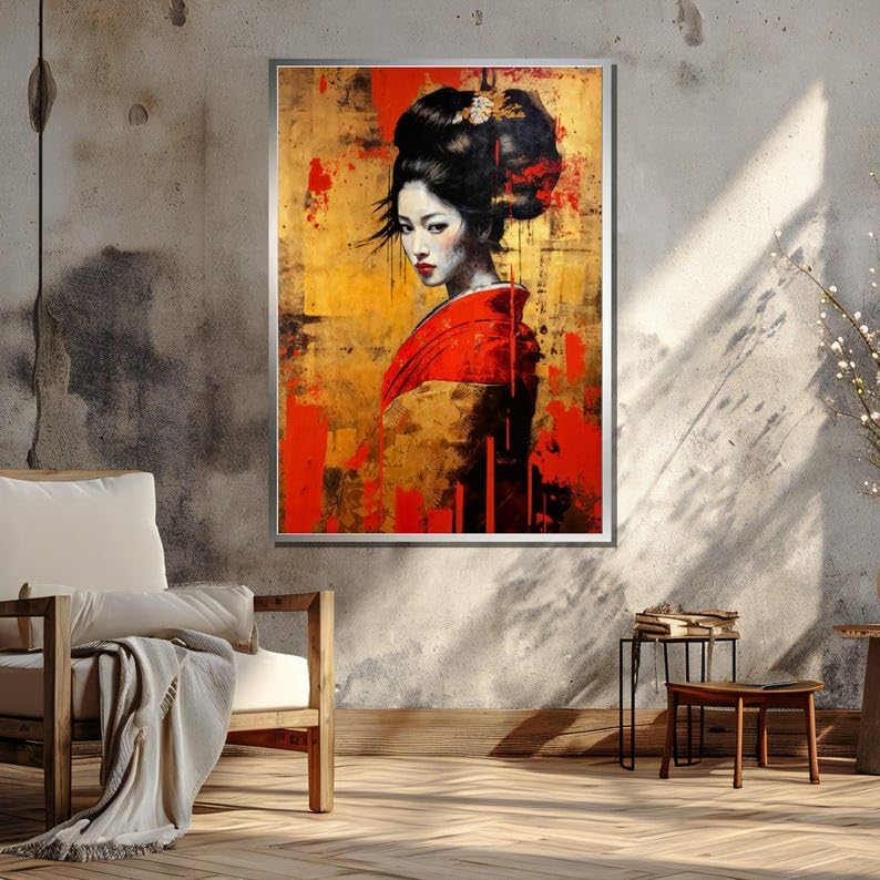 Tableau abstrait geisha rouge grand format pour mur vide