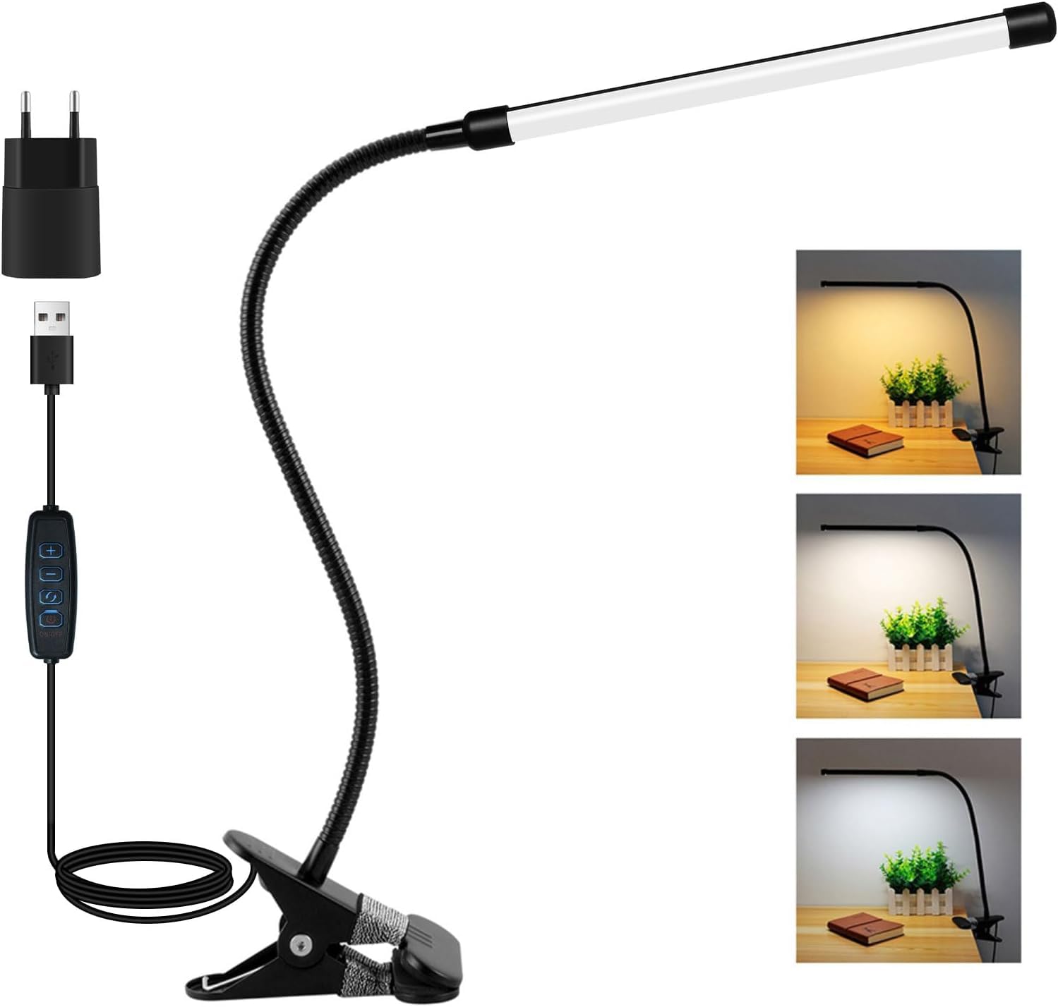 Akynite Lampa biurkowa LED z zaciskiem, adapter w zestawie, 3 kolory 10 intensywności, elastyczna lampa USB łabędzia szyja, klips do manicure stołowy, lampa zaciskowa