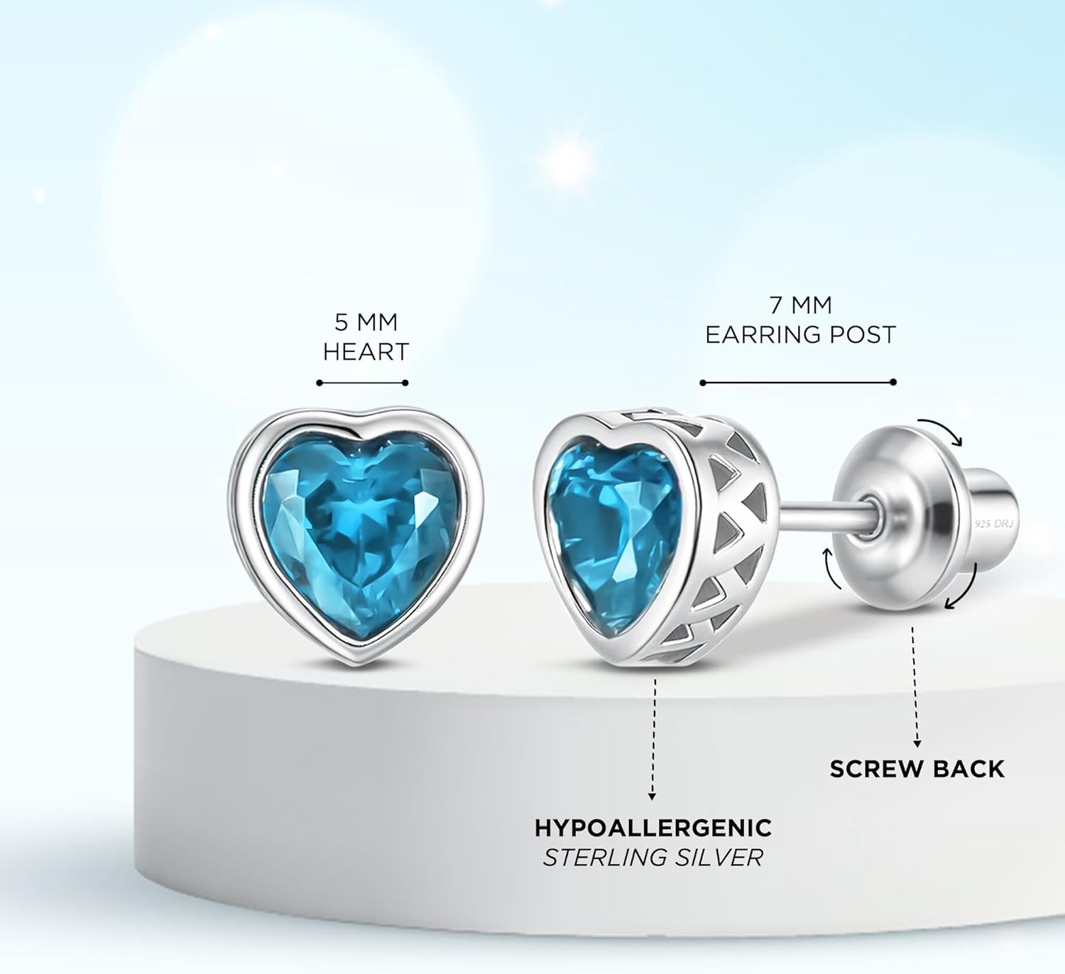 Heart Birthstone Earrings with Screw Backs | Hypoallergenic Sterling Silver Studs for Girls, Babies, Kids & Teens | Safe Jewelry Gift for Birthdays & Holidays