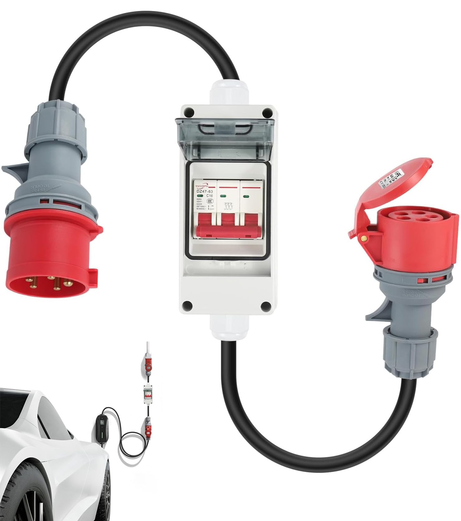 CEE Adaptateur 32A vers 16A avec disjoncteur,Adaptateur CEE Courant Fort couplage, rallonge cuivre Pur 5 pôles 400V,IP44 étanche Prise,pour Caravane,Famille，Industrie，Camping Car etc.