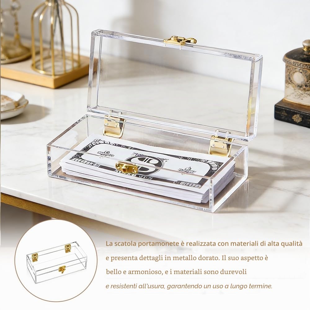 2 pezzi Cassetta Porta Contanti in Acrilico Trasparente Scatola | Riporre Contanti Vassoio Monoriga per Valuta Organizzatore di Denaro Trasparente per Gioielli e Banconote (16,8*9,5*5,5 cm)