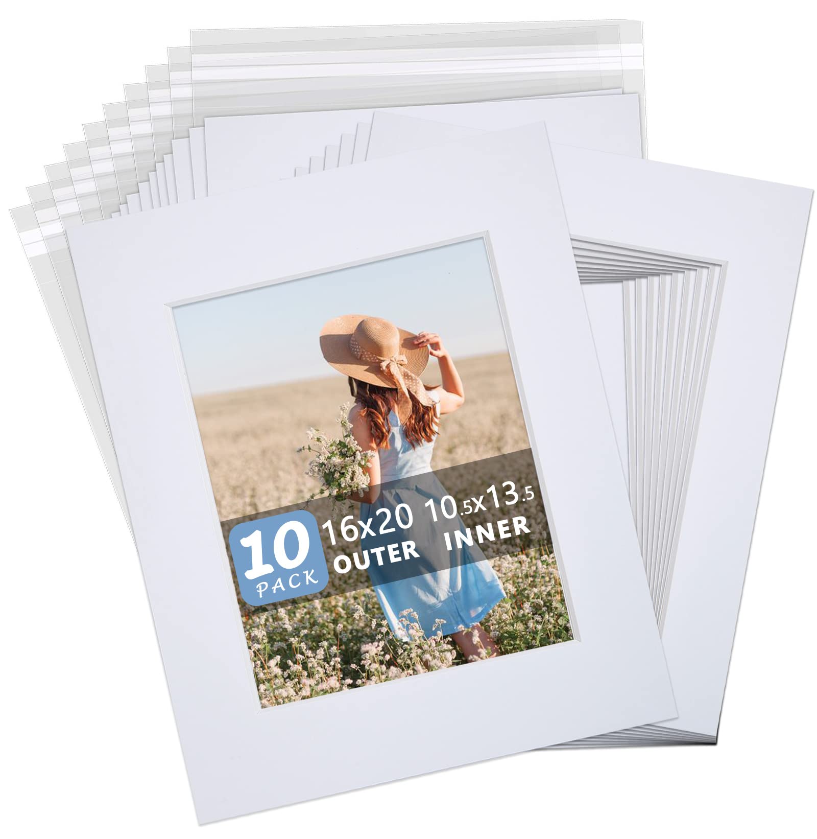 Somime 10 Pack White Picture Mat Set,16x20 Precut Mat for 11x14 Photos