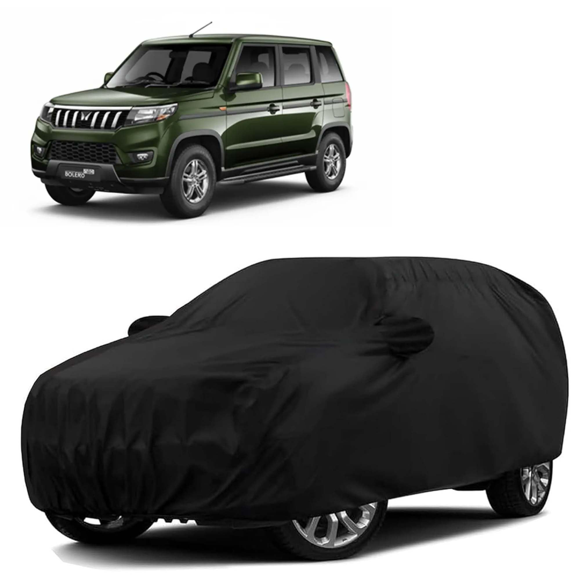 Sulfar 100% Water Resistant Car Body Cover Compatible with Mirror for Mahindra Bolero Neo (Triple Stitched, Full Bottom Elastic, Black)