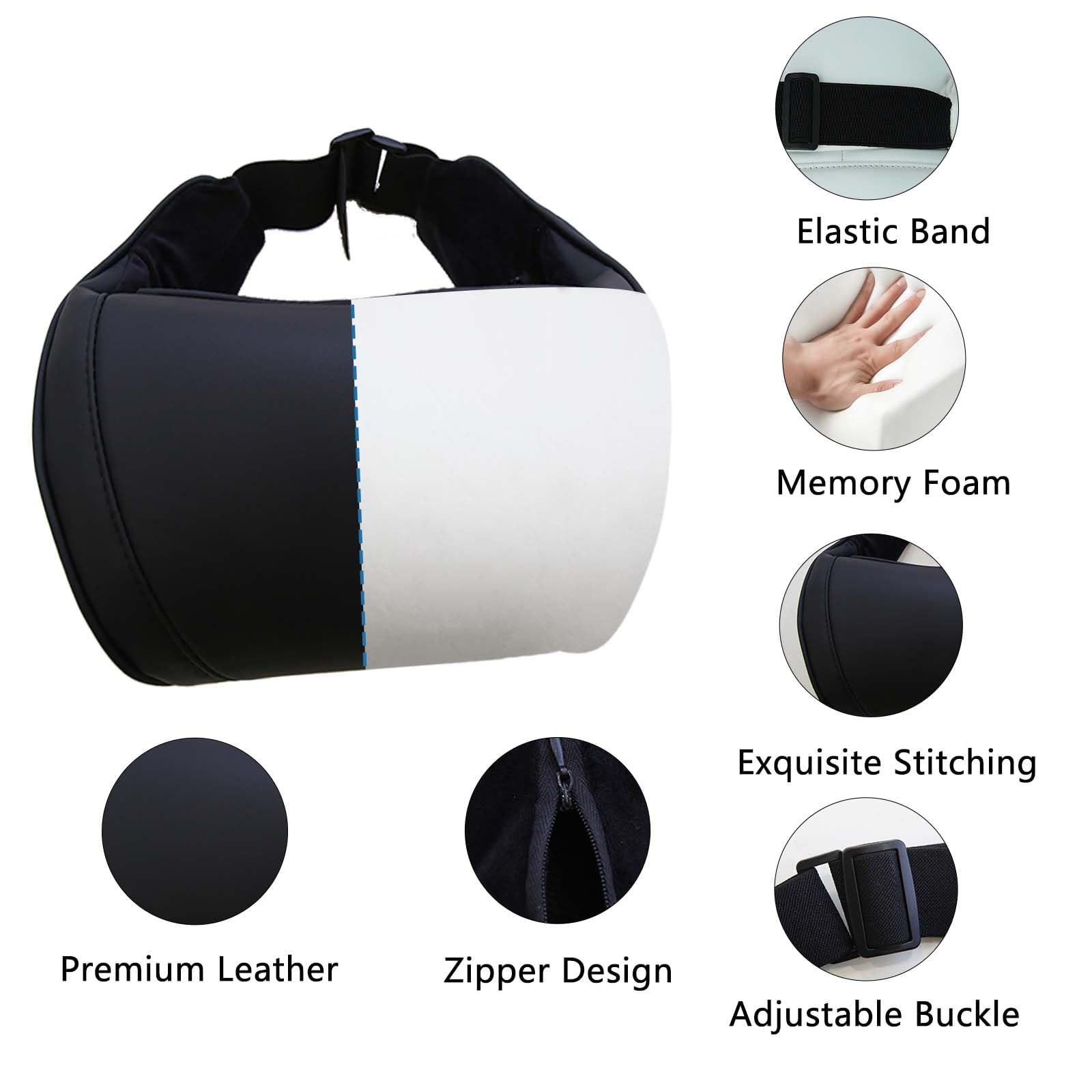 TOPABYTE Cuscino Poggiatesta Auto in Pelle e Schiuma di Memoria, Supporto Testa per Seggiolino Auto Cervicale per Guida, Ergonomico Cuscino da Collo Pillow, Rimovibile, 2 Pezzo, Nero