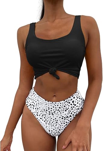ZAFUL Womens Knot Dalmatian Print Bikini Two Piece High Waisted Tankini Mix and Match Padded Swimsuit Black M