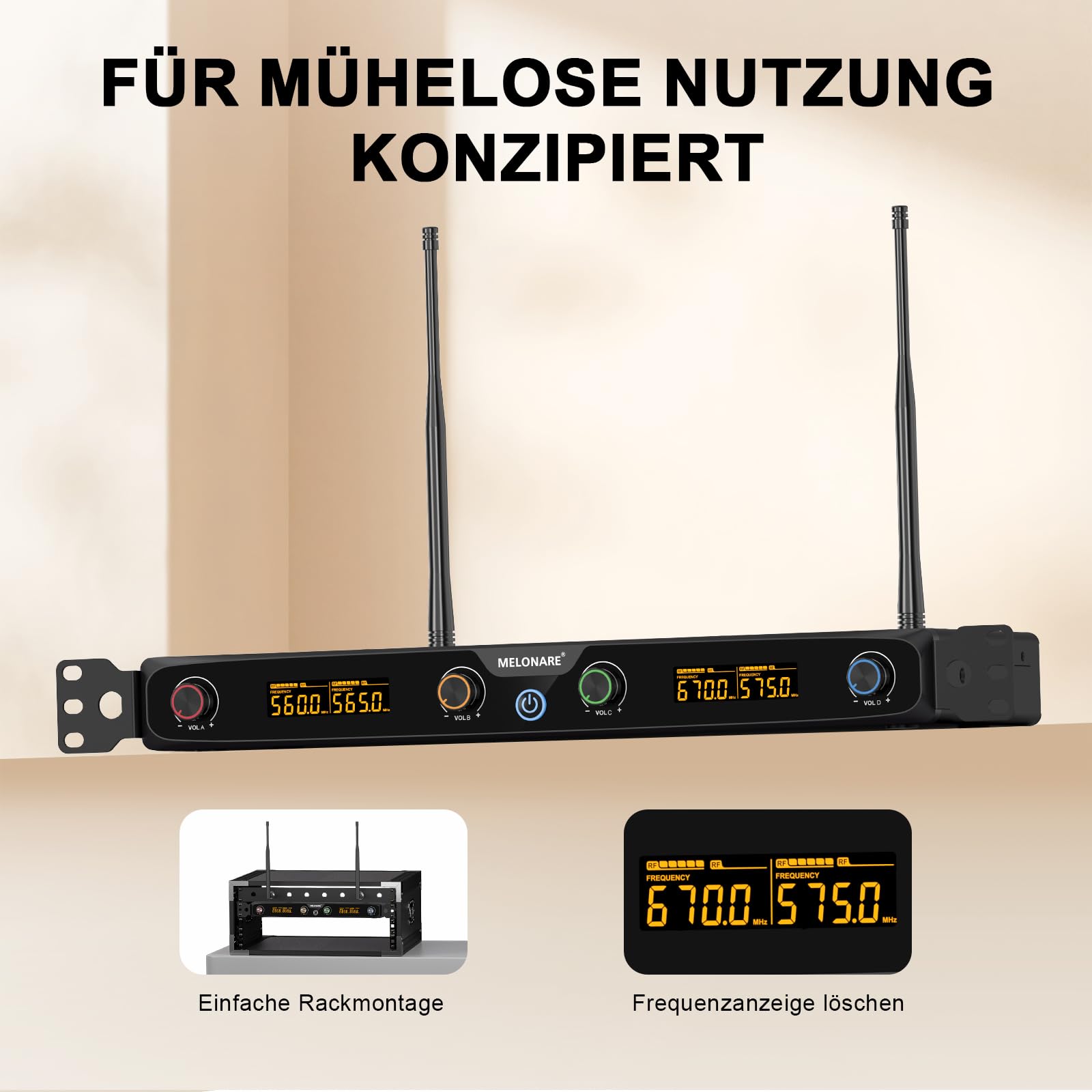 MELONARE 4-Kanal UHF Rackmount Funkmikrofonsystem MWM-41F | 4 dynamische Handmikrofone, 4 x 10 Frequenzen, 260 Fuß Reichweite, Live-Gesang, Karaoke, Gottesdienste, DJ-Events