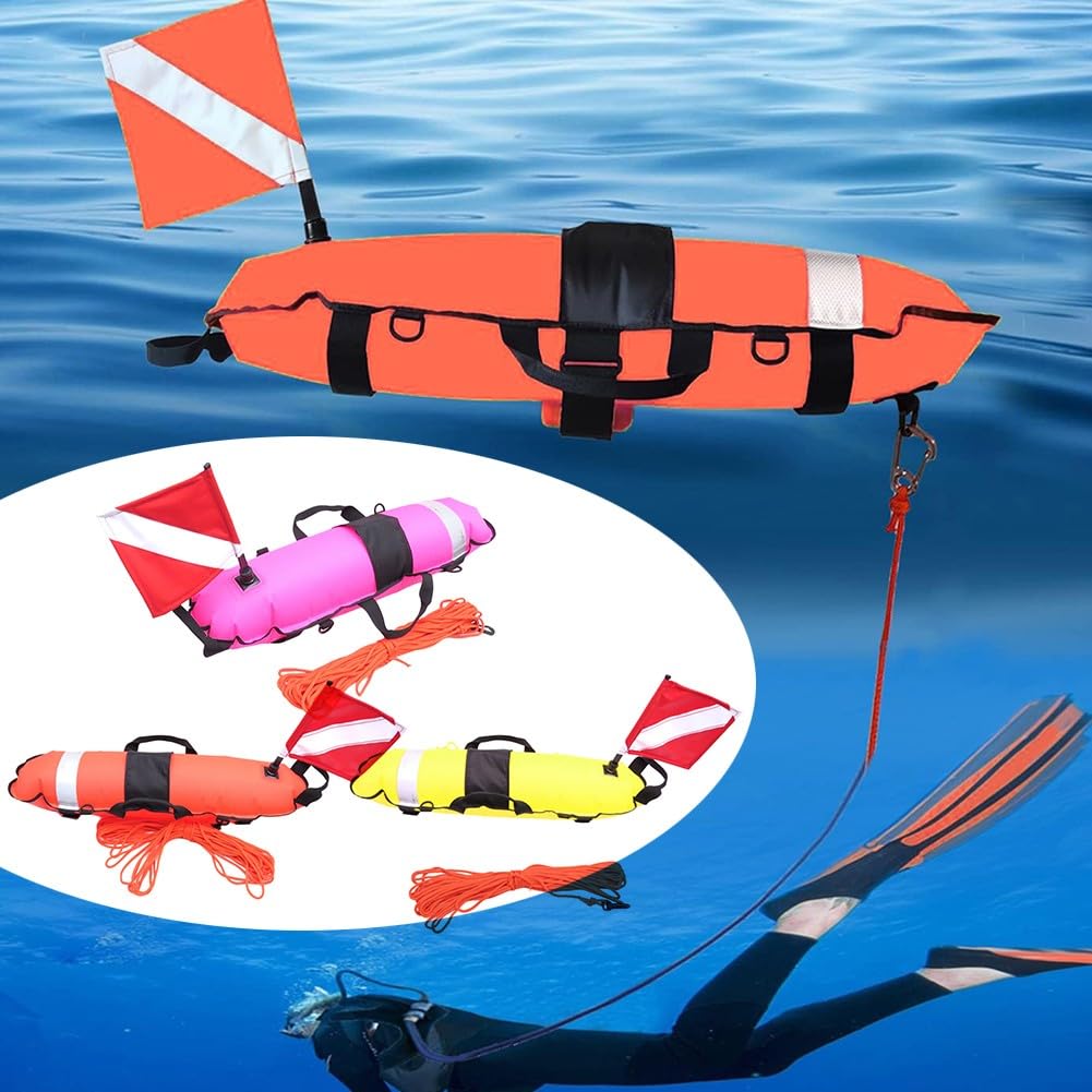 Boya flotante de pesca submarina con bandera de buceo, 83 x 25 x 25 cm, nailon 210D, 560 g, buceo libre
