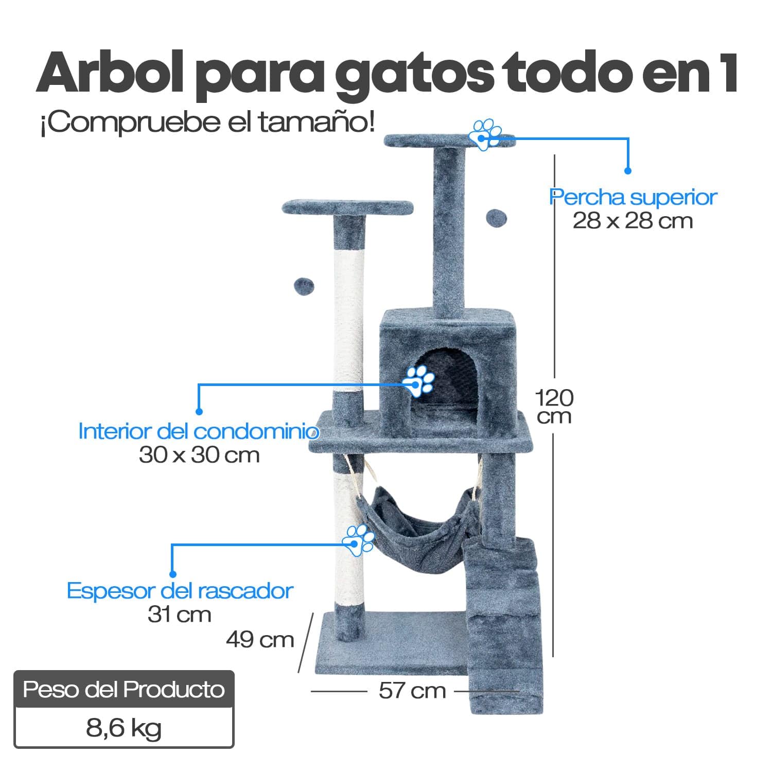 Edipets, Rascador para Gatos, Arbol Gato, 3 Niveles, 56x120x58cm, Alto, Postes de Sisal, Hamaca, con Cama, Caseta, Suave, con Bolas para Jugar (Gris)