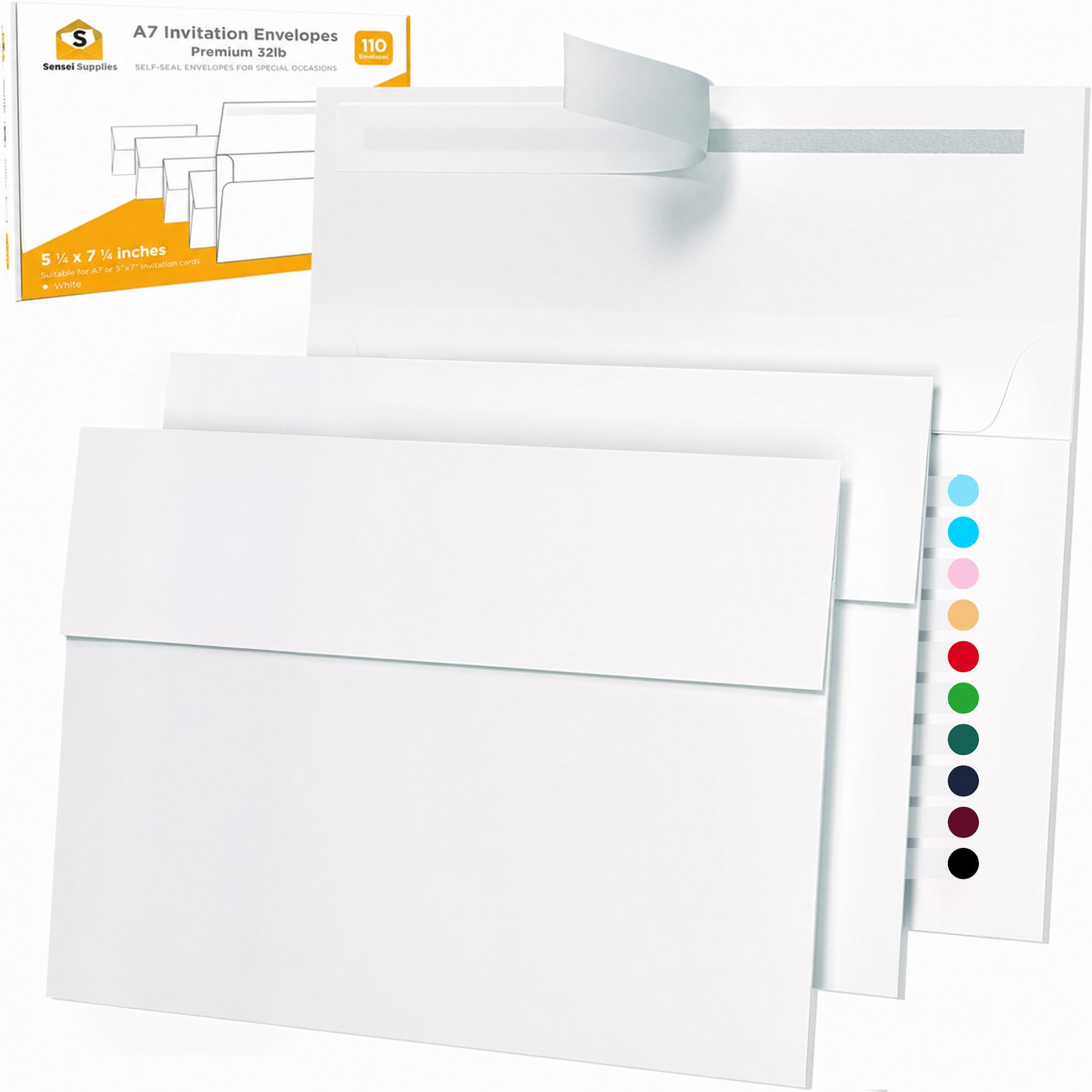 Photo 1 of 5x7 Envelopes for Invitations - 110 White Envelopes for 5x7 Cards - A7 - (5 ¼ x 7 ¼ inches) - Perfect for Weddings, Graduation, Baby Shower - 120 GSM - Peel, Press & Self Seal - Square Flap